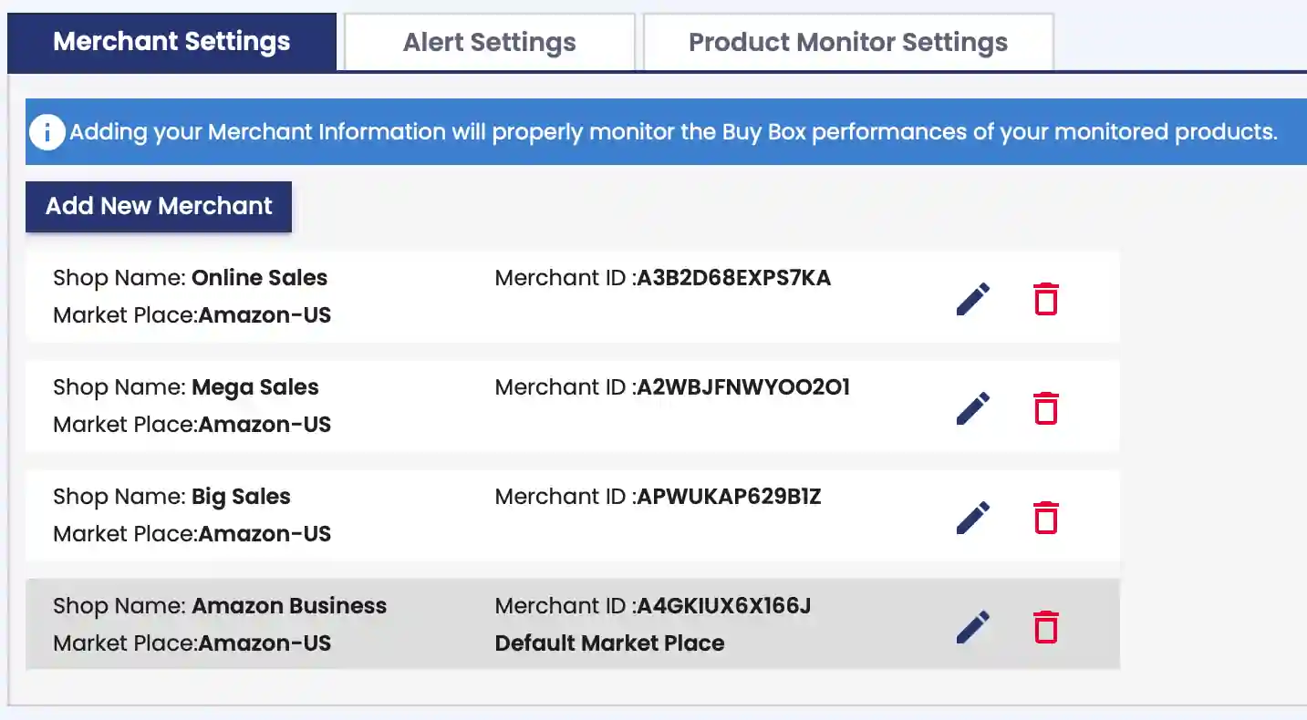 product monitor merchantId and marketplace settings