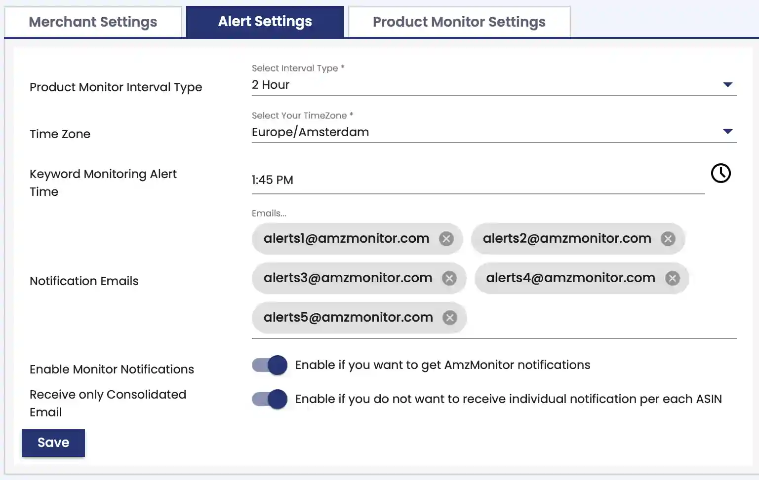 product monitor alert settings